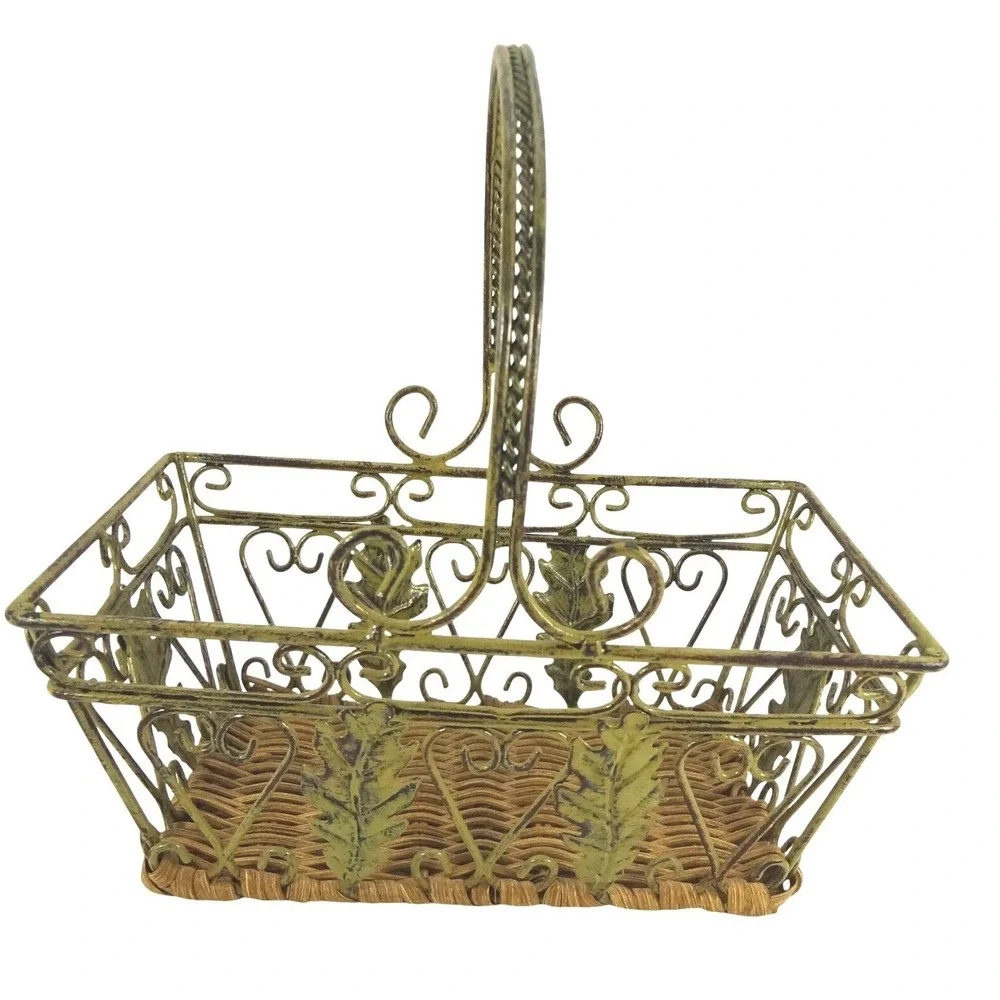 Vintage Style Green Metal Wire Basket‎ with Woven Wicker Base Leaf Scroll